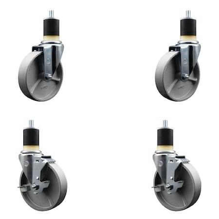 Service Caster 5'' Semi Steel Wheel Swivel 1-7/8'' Expanding Stem Caster Set 2 Brakes, 4PK SCC-EX20S515-SSR-2-TLB-2-178